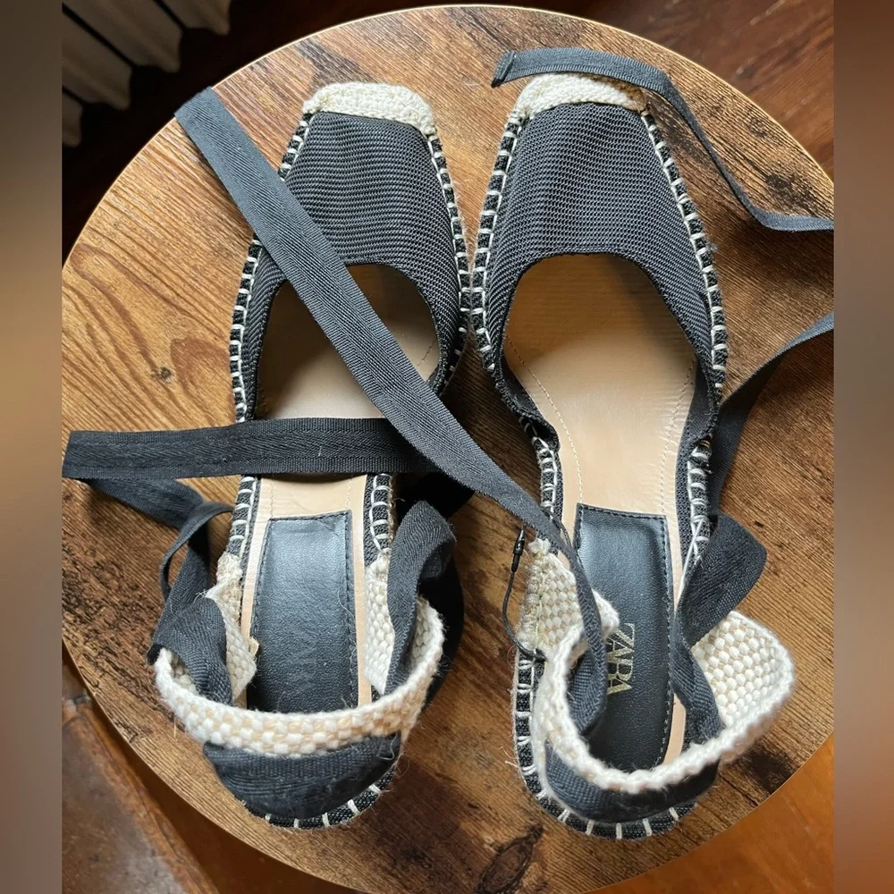 NEW ZARA Ankle Tie Raffia Espadrille Wedge Sandals, 10 - Picture 10 of 12